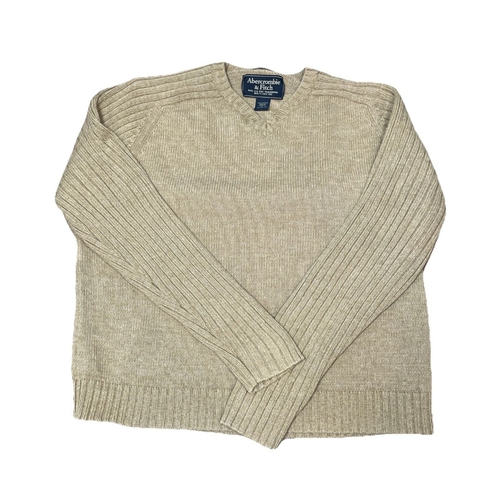 Abercrombie Fitch Muscle Sweater Tan Cable Knit V-Neck Pullover Mens Size Large